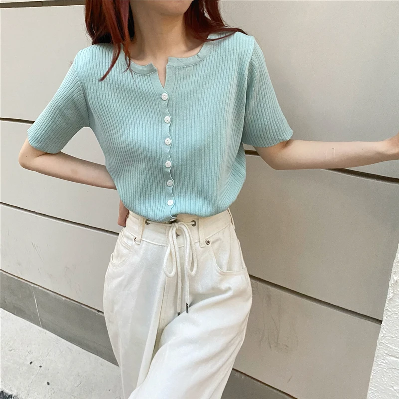 

Ice Silk Design V-Ne Knitted Button ort Sve Light Weight Women's Slim Fit T-irt Outerwear Summer Open Cardigan