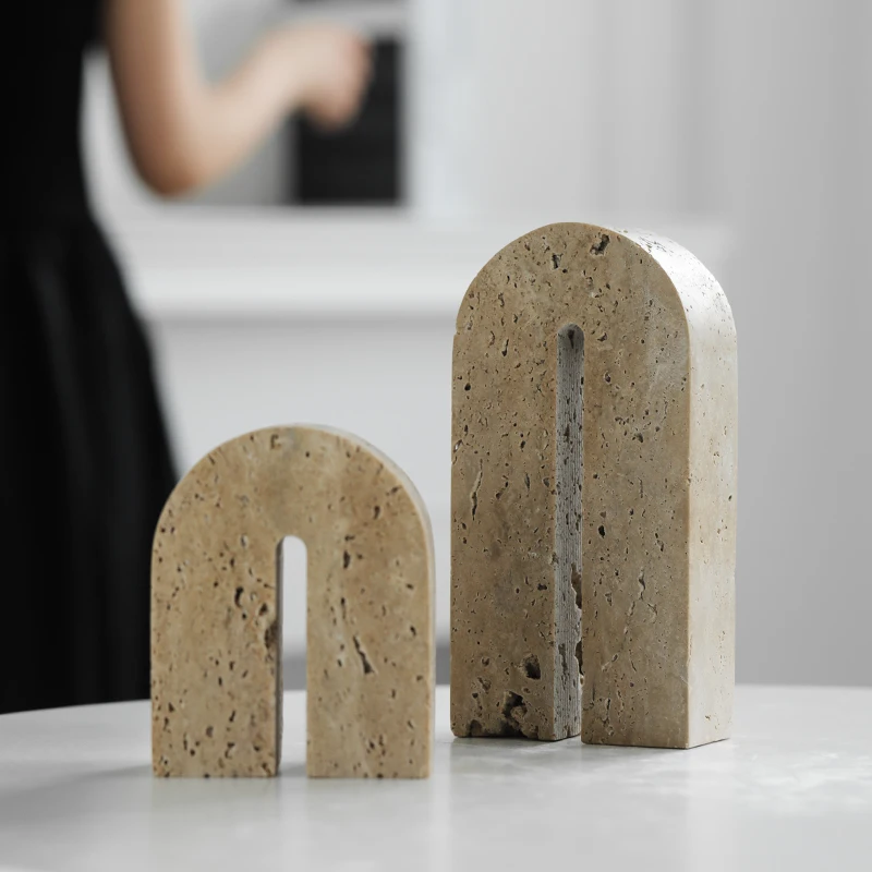 Travertine Bookends for Shelves Heavy Duty Marble Book Holder for Bookshelf Arch Shape Home Decoration