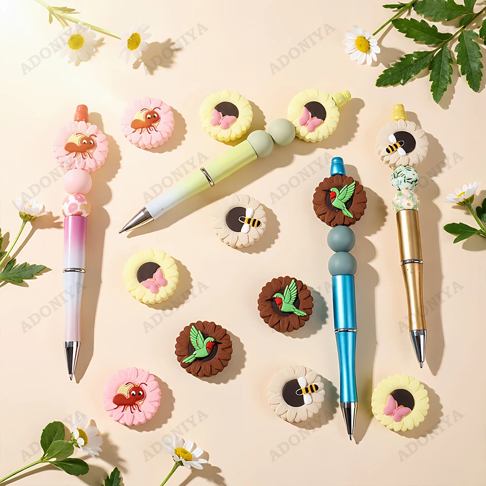 4Pcs Insect Daisy Silicone Beads Set, Assorted Shaped Beads with 15mm Printed Beads and Solid Color Beads, Adult DIY Accessories, Suitable for DIY Beaded Pens, Earrings, Holiday Decorations, and Other Handmade Crafts, Ideal as Holiday or Birthday Gifts. Beads & Bead Assortments