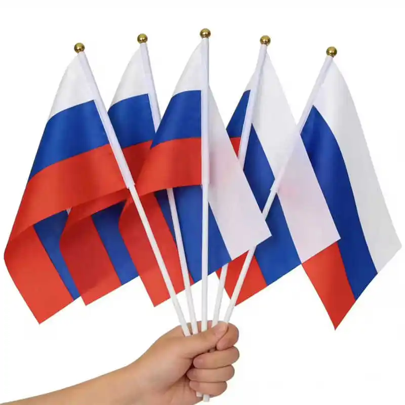 10PCS Mini Handheld Russian Flags with Plastic Flagpole Eagle President Design 14x21cm for Decoration