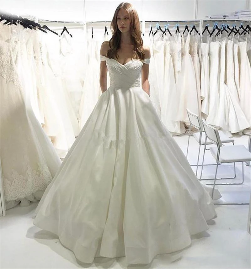 

ANGELSBRIDEP 2 STORE Off-Shoulder Ball Gown Wedding Dress Simple Design Pleat Sexy Sweetheart Satin Formal Bridal Gown Vestido