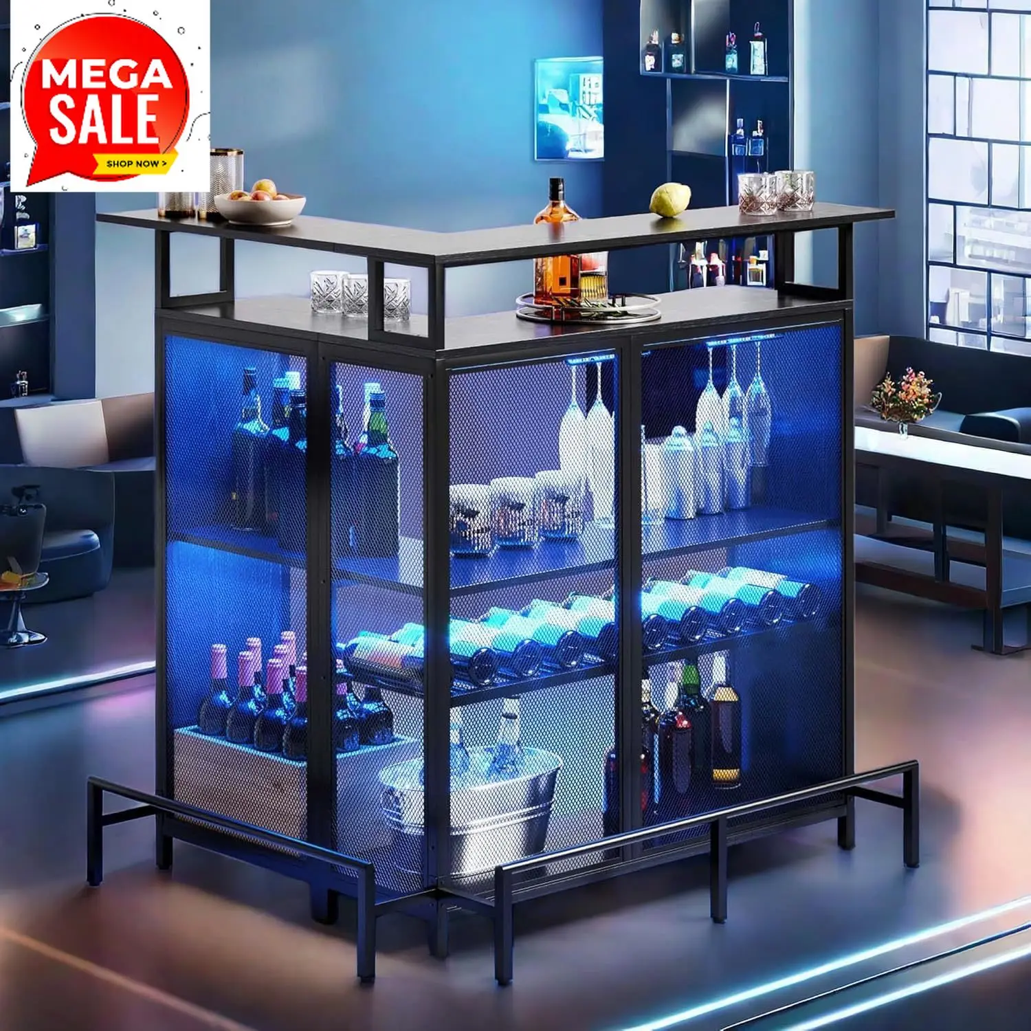 

Угловой домашний бар с LED-подсветкой и управлением через приложение, 4-уровневый высокий стол для напитков с винной полкой, стеллажами для хранения и держателем для бокалов