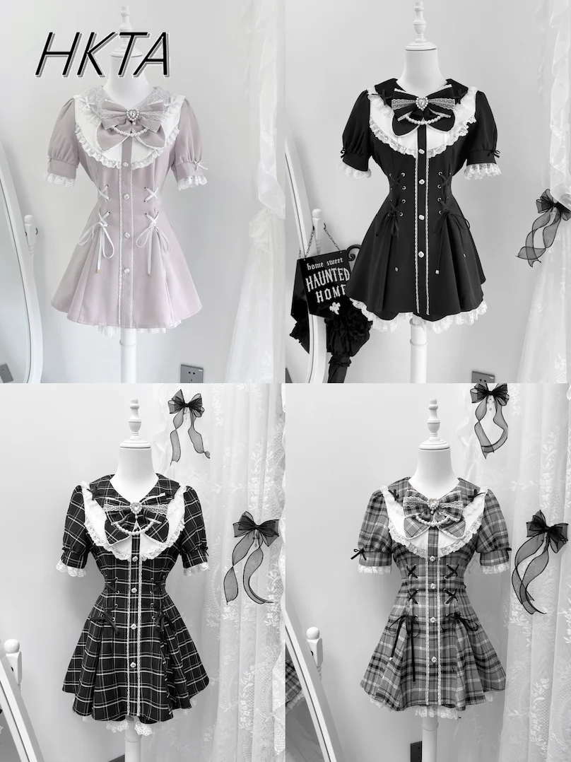 

Japanese Original Mining Dress Set Women's Summer New Gray Pink Black White Sweet Pearl Bow Bubble Dress Shorts Set Women Outfit