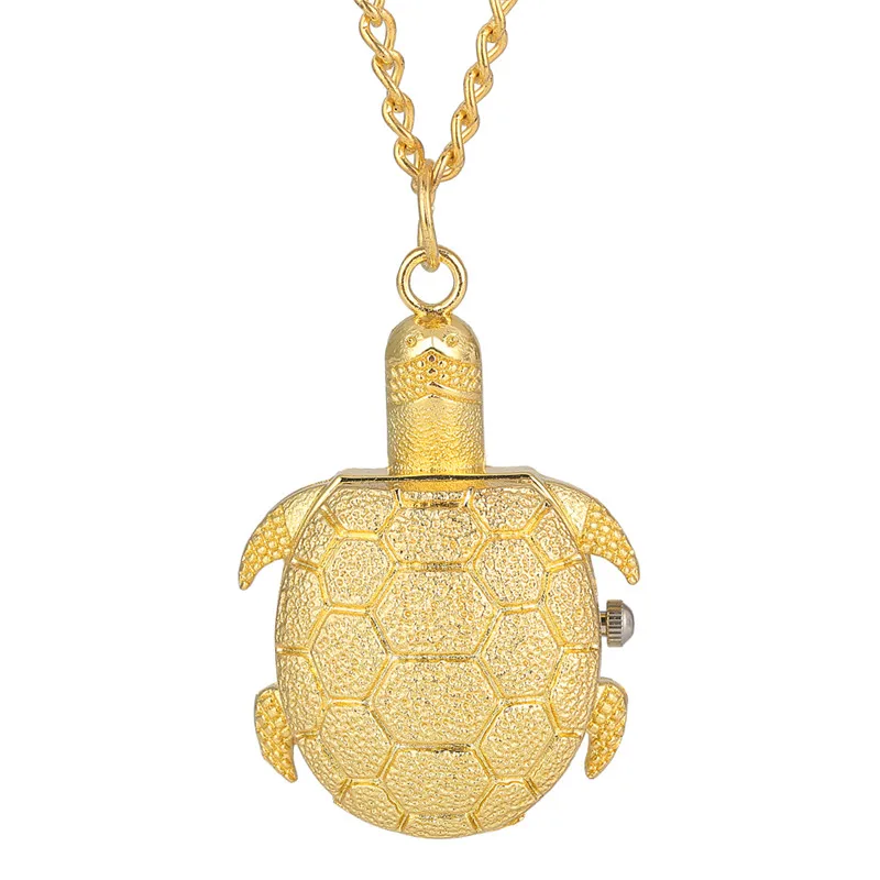 Luxury Yellow Gold Animal Clock Tortoise Shape Lovely Pocket Watch for Men Women Kid Timepiece Quartz Movement Necklace Chain