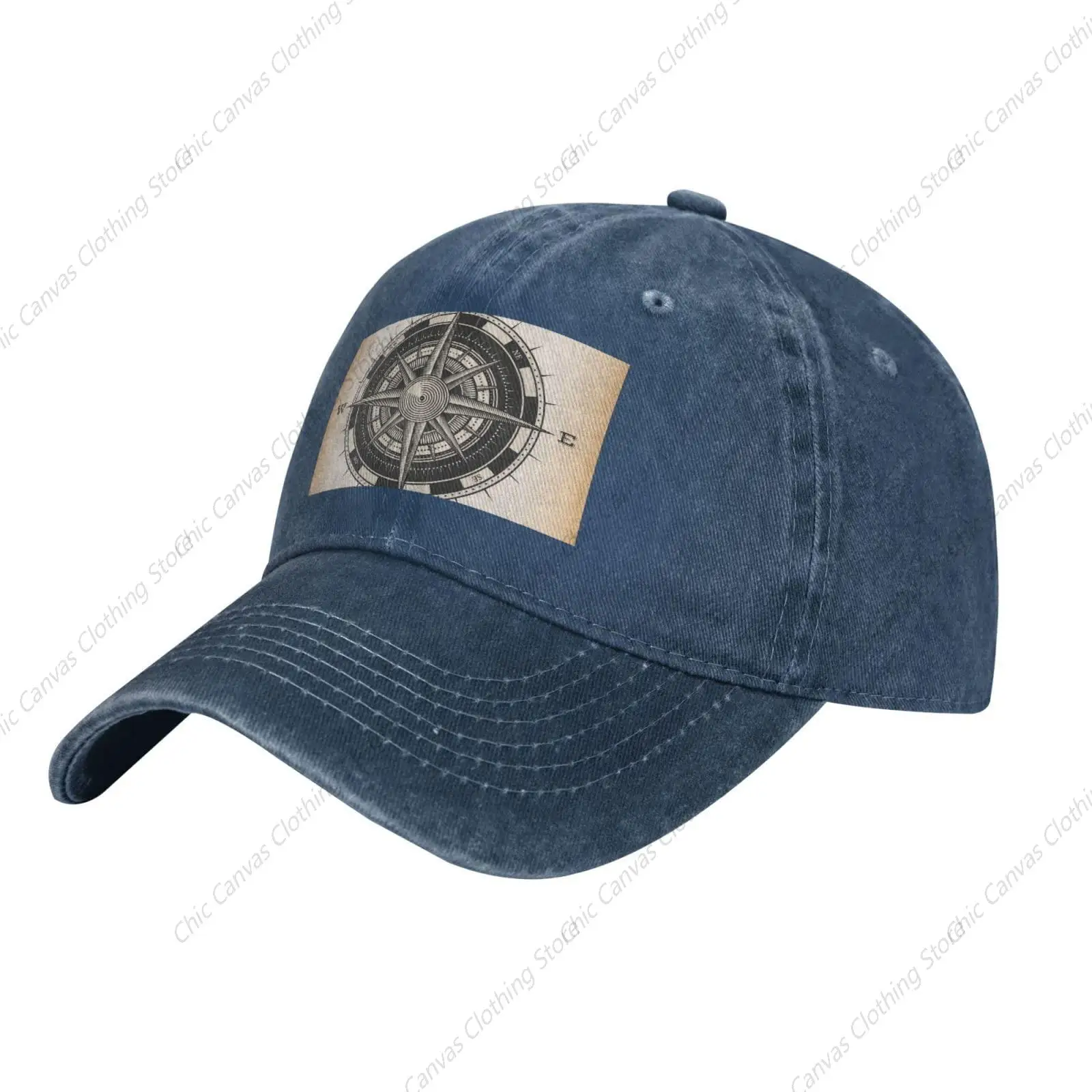 Wind Rose Vintage Compass Navy Blue Baseball Cap Adjustable Washed Denim Hat Breathable Hip Hop Sunshade Hat For Daily Outdoor