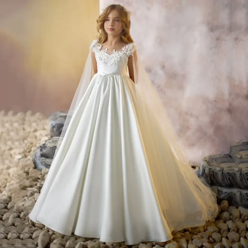 

White Satin Flory Appliques Sleeveless For Wedding Birthday Party Holy Communion Banquet Gowns Customized Flower Girl Dresses