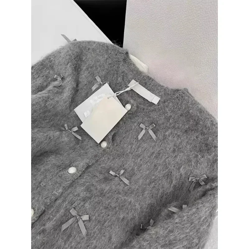 Kimotimo Grey Bow Sweater Autumn Winter Women Temperament High Grade Soft Glutinous Mohair Knitted Cardigan Fragrant Coat