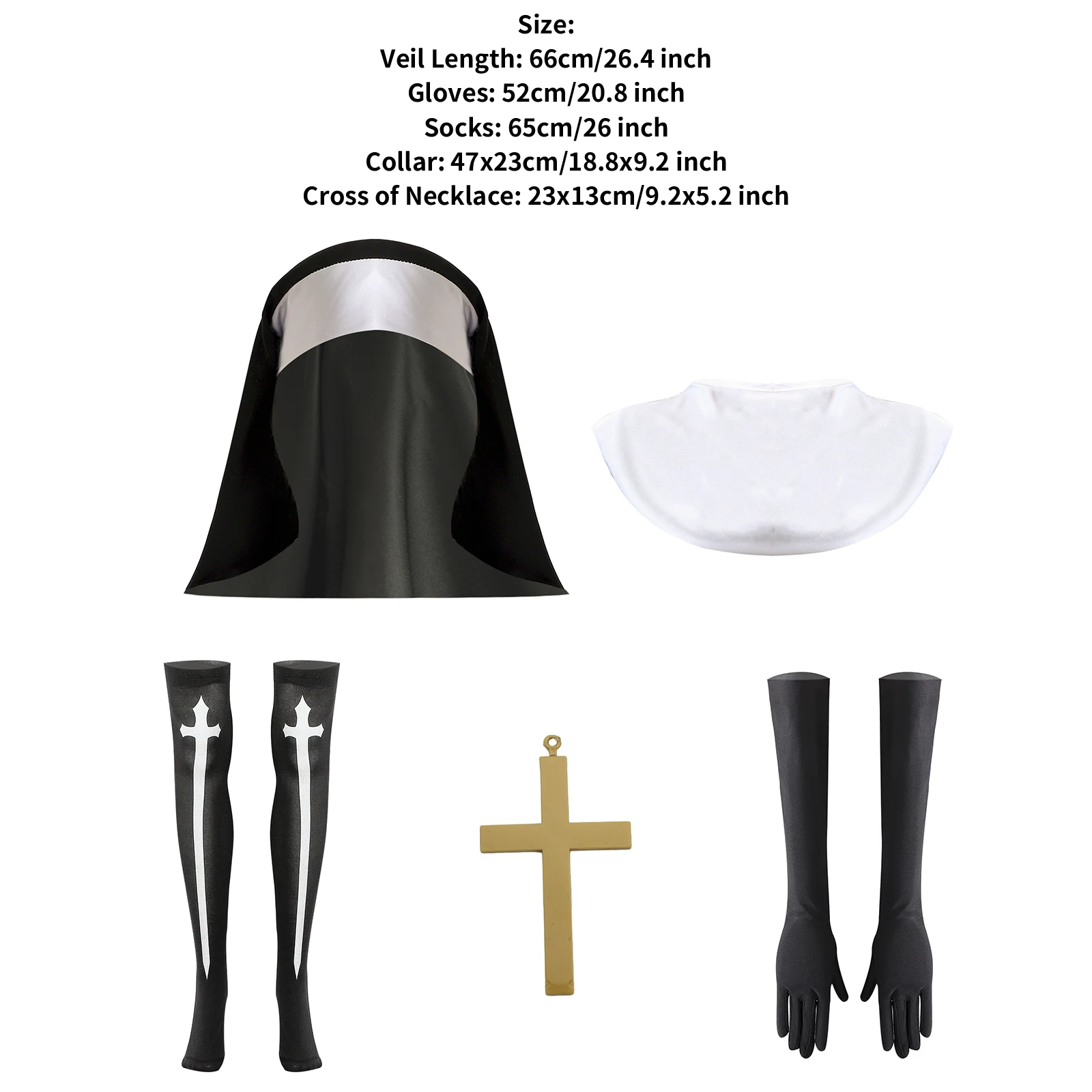 Halloween Cosplay Nonne Charakter Anzug Kopfschmuck Kreuz Halskette Kragen Handschuhe und Strümpfe Set Dekoration katholische Schwester Kostüm