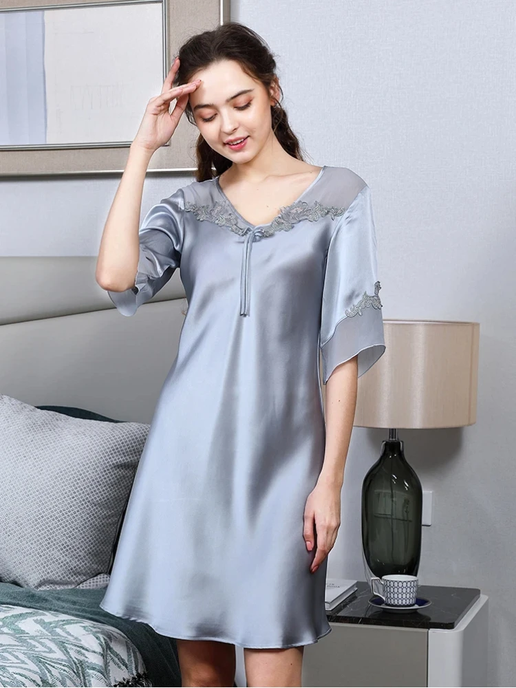 

Pure Silk Ladies Nightwear Night Shirts 100% Mulberry Silk Half Sleeve Solid Nightdress Mini Nightgowns Sleepwear Chemise Nighty