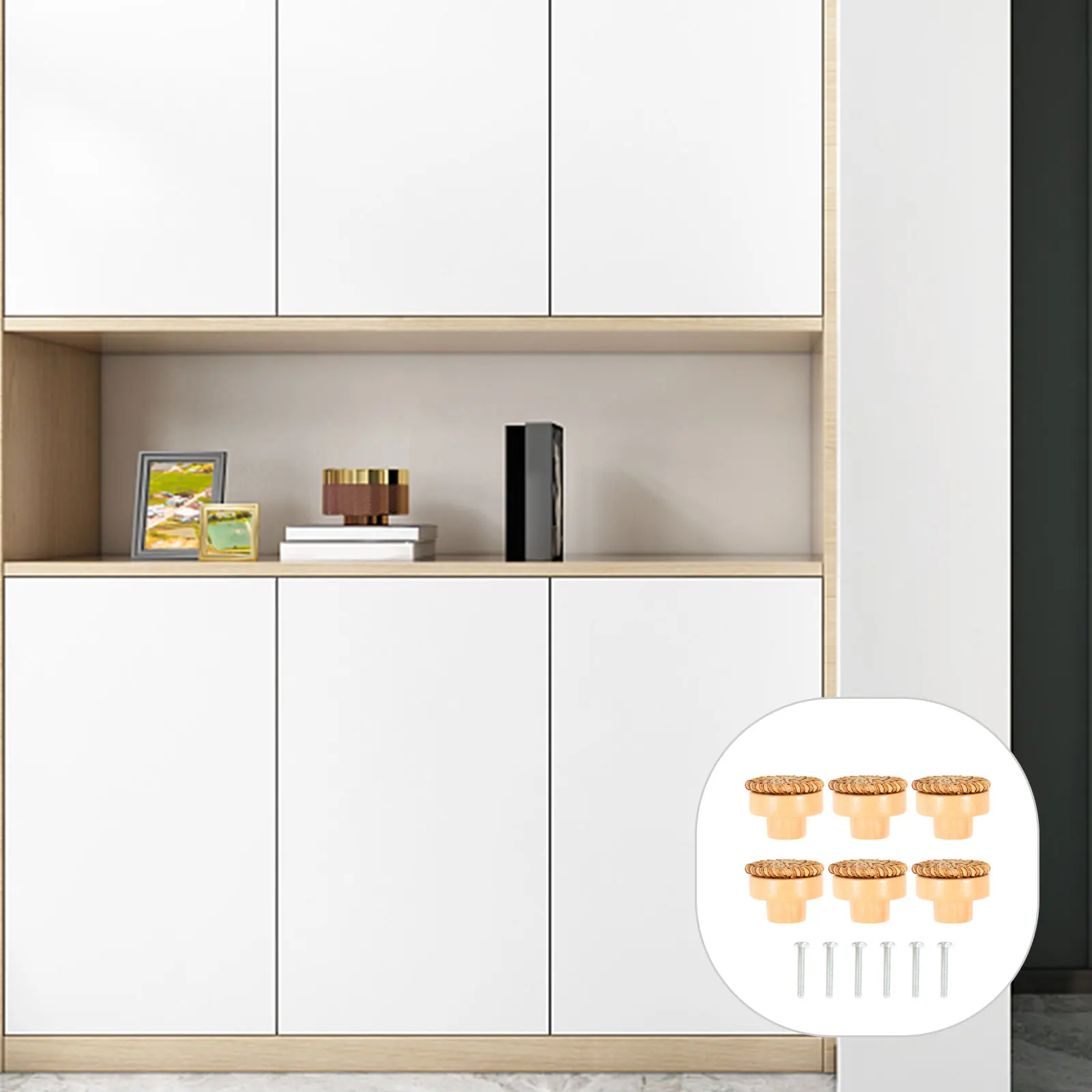 

6Sets Rattan Wooden Drawer Knobs Bohemian Style Easy Install Smooth Surface Dresser Handles Decorative Furniture Pulls