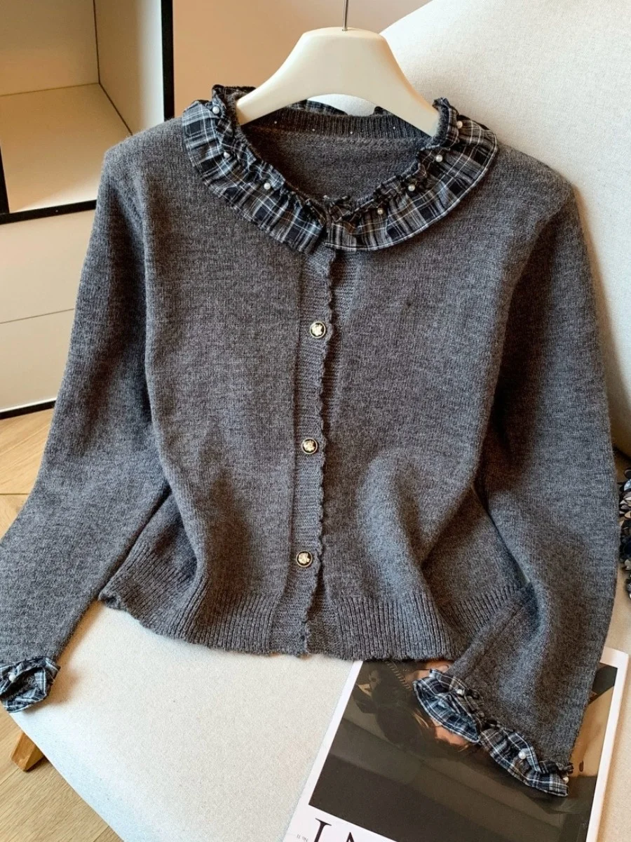 سترة نسائية محبوكة مفتوحة من Retro ey سترة نسائية ذات مظهر أذن من ort Sle سترة خريفية جديدة كورية فضفاضة بأزرار مناسبة...