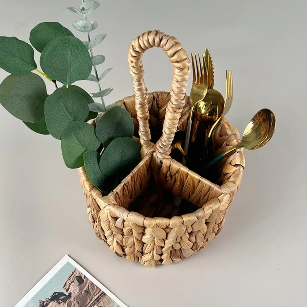 Flower Basket Pastoral Style Weed Braided Makeup Brush Organizer 4 Compartments Basket Flatware Organizer Kitchen Utensil Holder