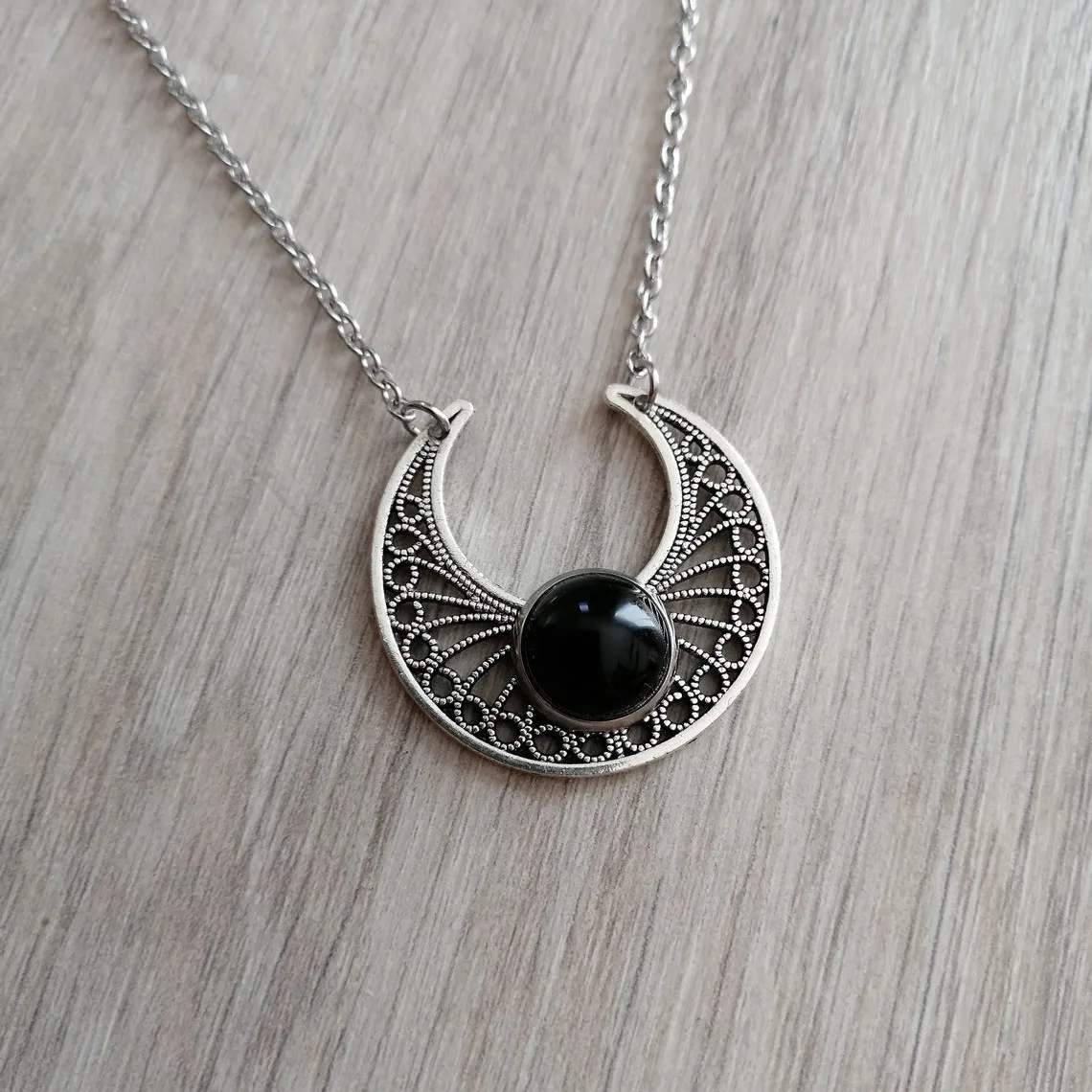 Necklace, pendant, onyx, black, natural stone, crescent moon, witchy, witch, wicca, goth, gothic