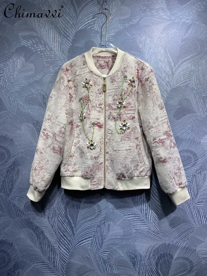 

Spring and Autumn New High-end Fashion Stand-up Collar Beaded Zipper Jacket Retro Long-sleeved Loose Temperament Women Coat Top