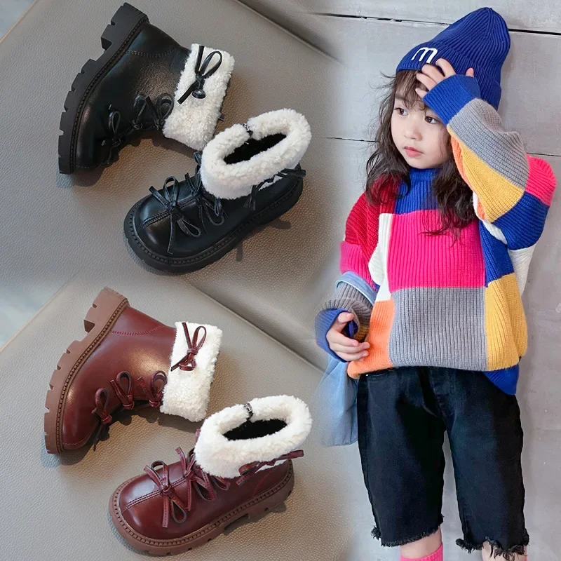 Children's Short Boots 2024 Autumn New Fashion Bow Girls' Cotton Shoes Fashion Warm High Top Kid's Short Boots