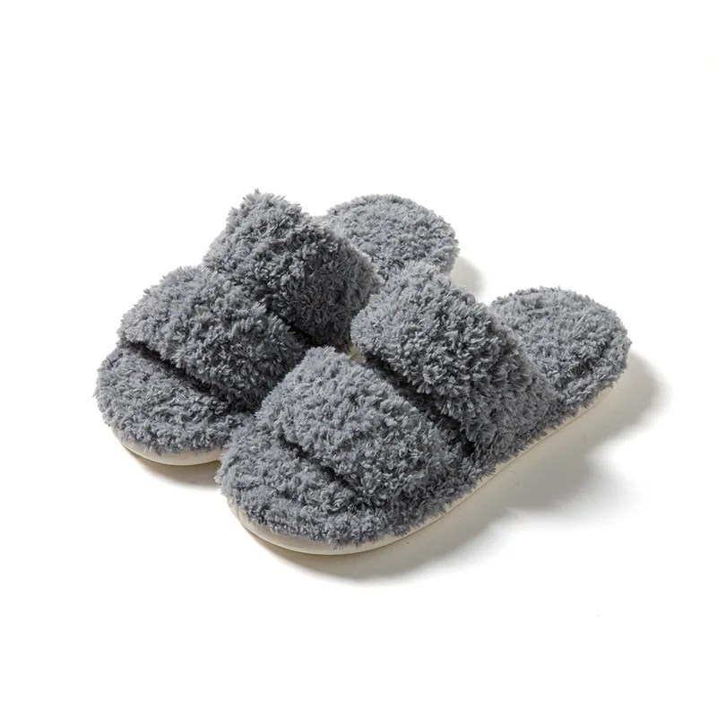 Ins Parallel Bar Plush Cotton Slippers Home Curly Fur European and American Indoor Open Mouth Plush Slippers for Women