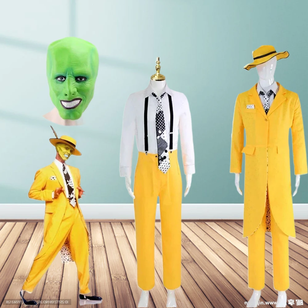 Erwachsene Jim Carrey Cosplay Kostüm Gelb Ganzanzug Party Outfit mit Maske Lustige Film Herrenkleidung für Erwachsene