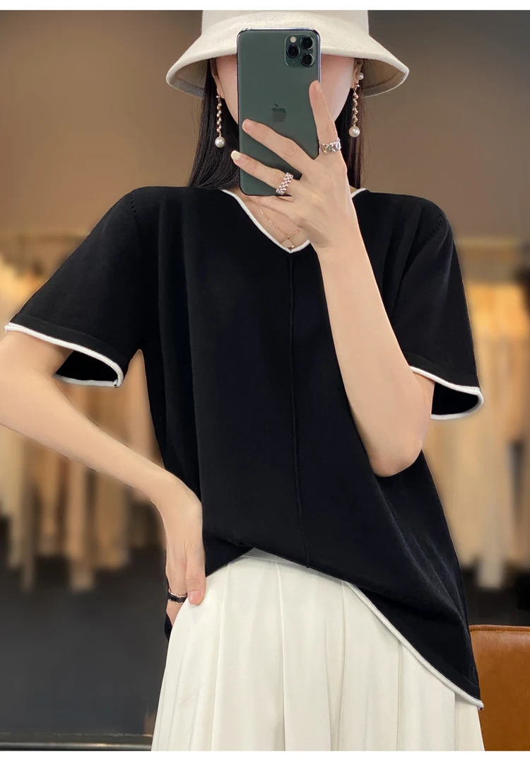 100% Cotton T-Shirt Women's V-Neck Pullover Short Sleeve Summer New Casual Knitting Loose Top Fashion Color Contrast T-Shirt
