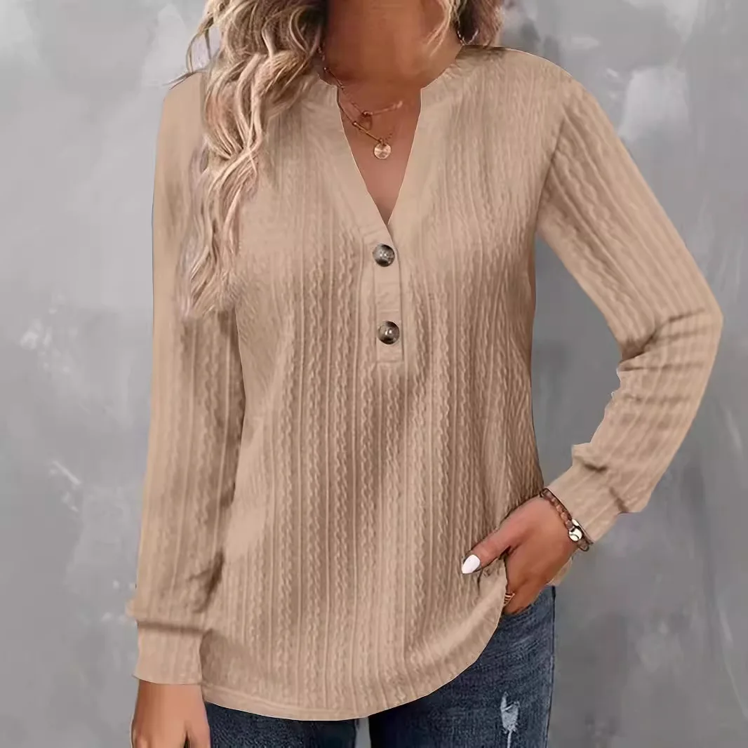 

2025 Top Femme Button V-neck Pullover Autumn Winter Versatile Women's Solid Color Loose Office Commuting T-Shirt Long Sleeve Top
