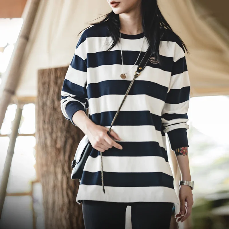 Maden Stripe Long Sleeve T-Shirts For Women Vintage Oversize Pullovers 100% Cotton Plus Size 320g High Quality Tees 2022 Autumn