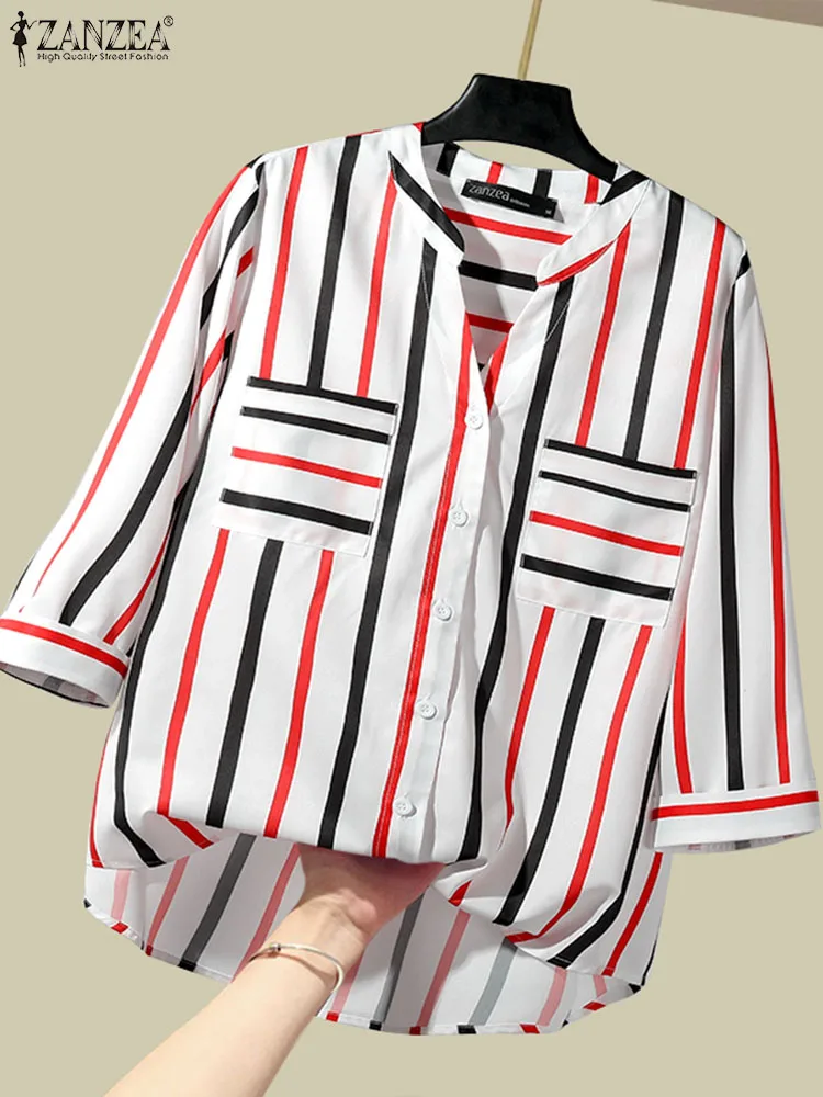 

ZANZEA Fashion Printed Shirt Woman 3/4 Sleeve V-Neck Tunic Tops Casual Party Blouse Elegant OL Office Chemise Oversized 2024