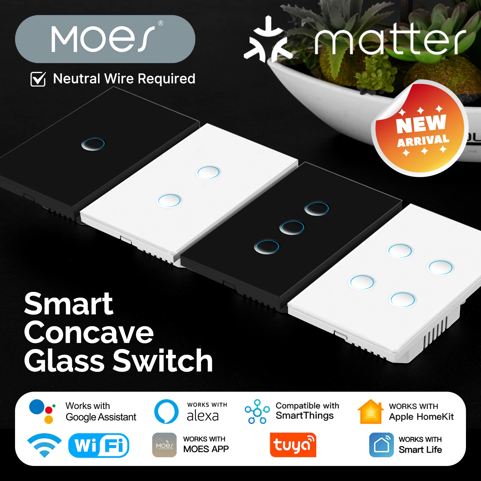 

MOES Tuya Matter WiFi Вогнутый стеклянный переключатель Американский умный свет с Alexa Google Home Apple Home Smartthings Необработанный нейтральный провод