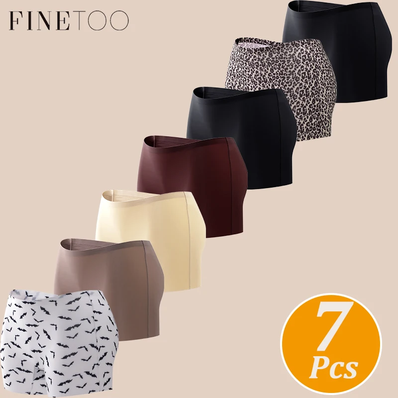 FINETOO 7Pcs Women Seamless Pantys Laser Cut Womenshort Panties Ice Silk No‑Show Boxer Briefs Safety Shorts Under Dress Mid Rise Soft Stretchy Anti‑Chafing Underwear Solid Color Leopard Bat Print Invisible Boxer Briefs For Women Everyday Under Skirt Wear