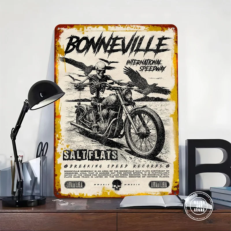 Bonneville Salt Flats Speedway Skull Rider Poster Customized Wall Art Vintage Metal Signs Retro Tin Plaque for Man Cave Decor
