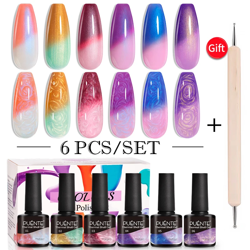 

PUENTE 6pcs Thermal Shell Gel Polish Set With Dotting Pen Pearl Shell Thread Temperature Color Changing Nail Art Varnish Kit
