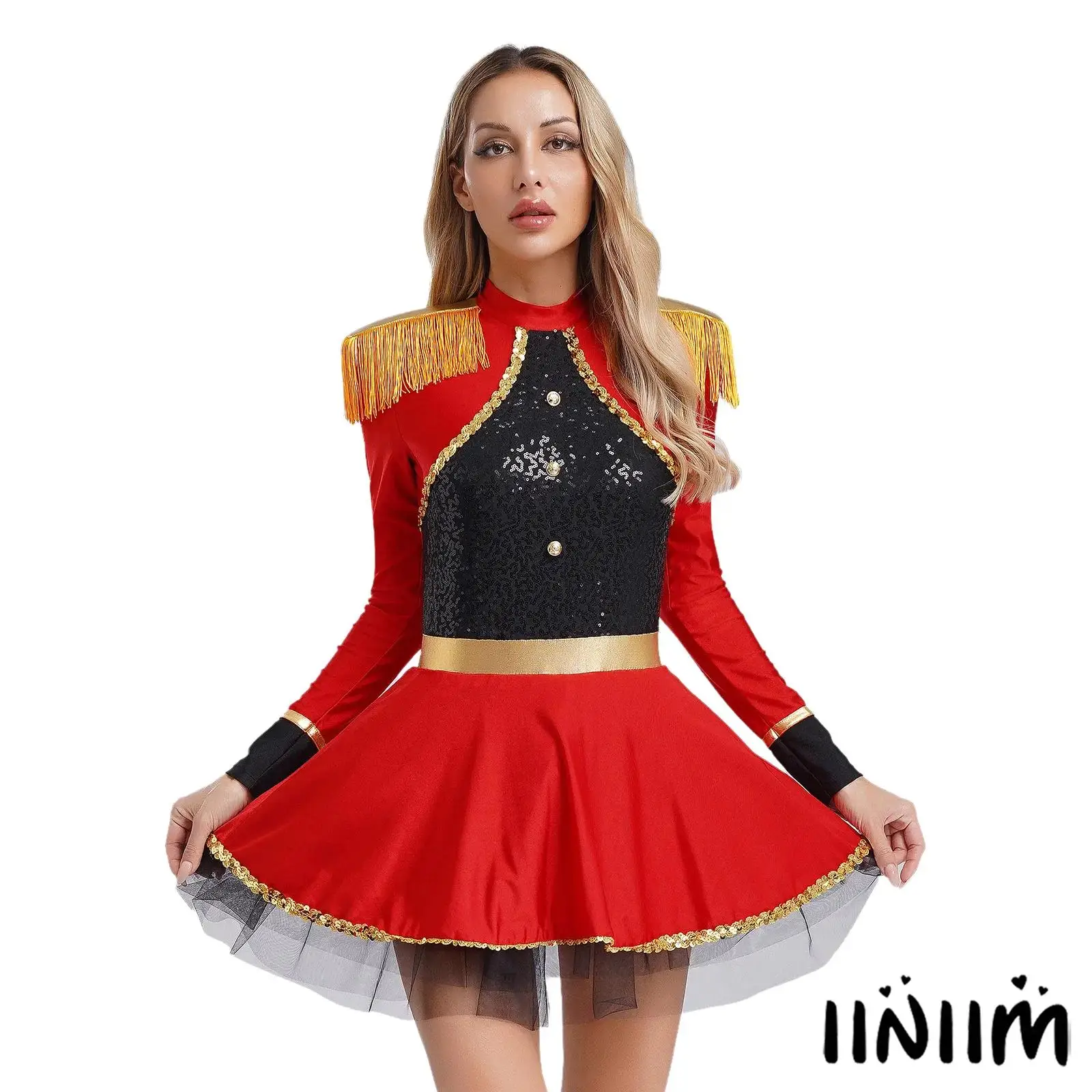 

Women Halloween Circus Ringmaster Bodysuit Dress Long Sleeves Fringe Shoulder Patches Dress Sparkly Sequins Circus Costume