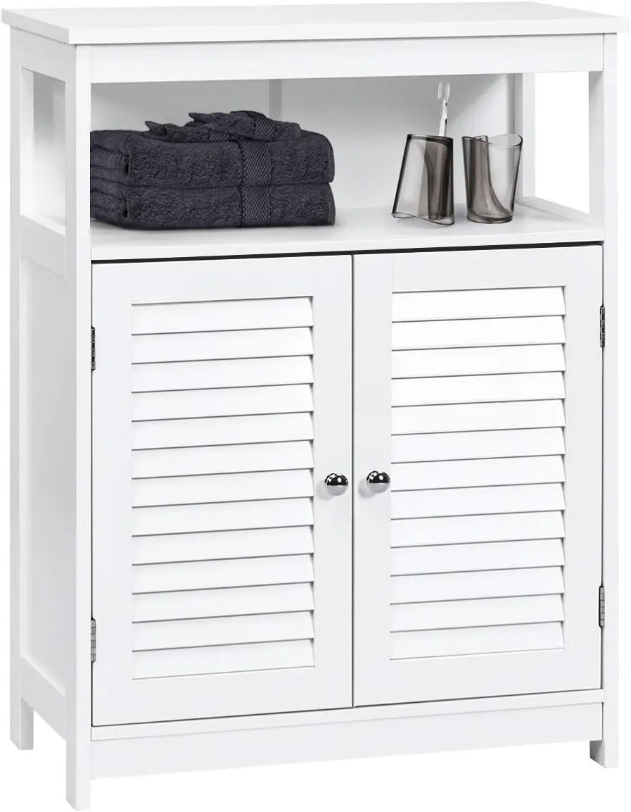**/Floor Cabinet, Wooden Storage Cabinet With Double Shutter Door & Adjustable Shelf, Freestanding Toilet Organiser, Side