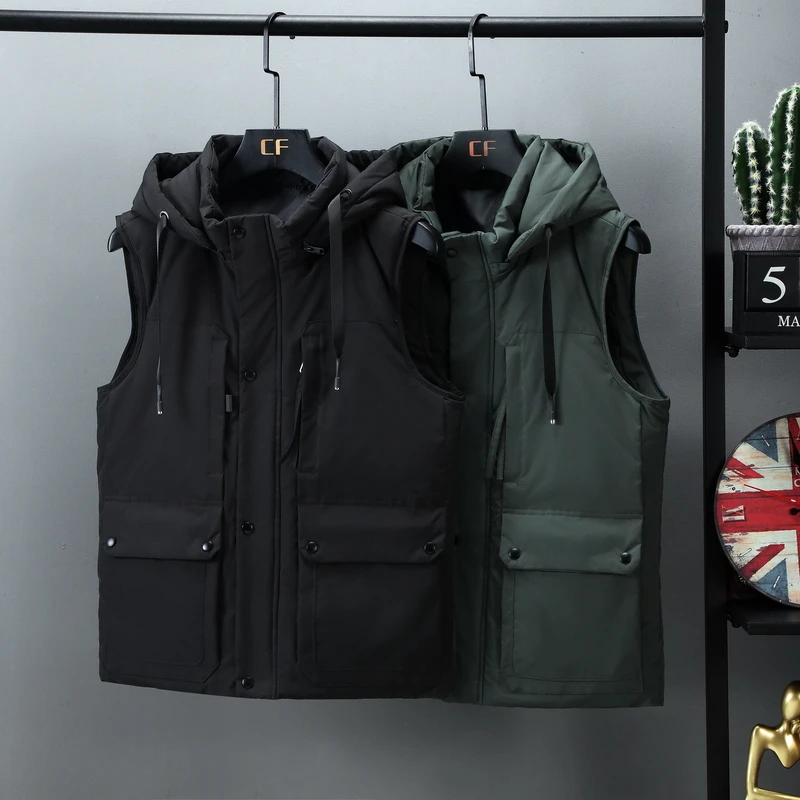 

Autumn/Winter Men's Thicken Cotton Waistcoat Sleeveless Vests Jackets Warm Detachable Hat Outerwear Male Zipper Hooded Coats