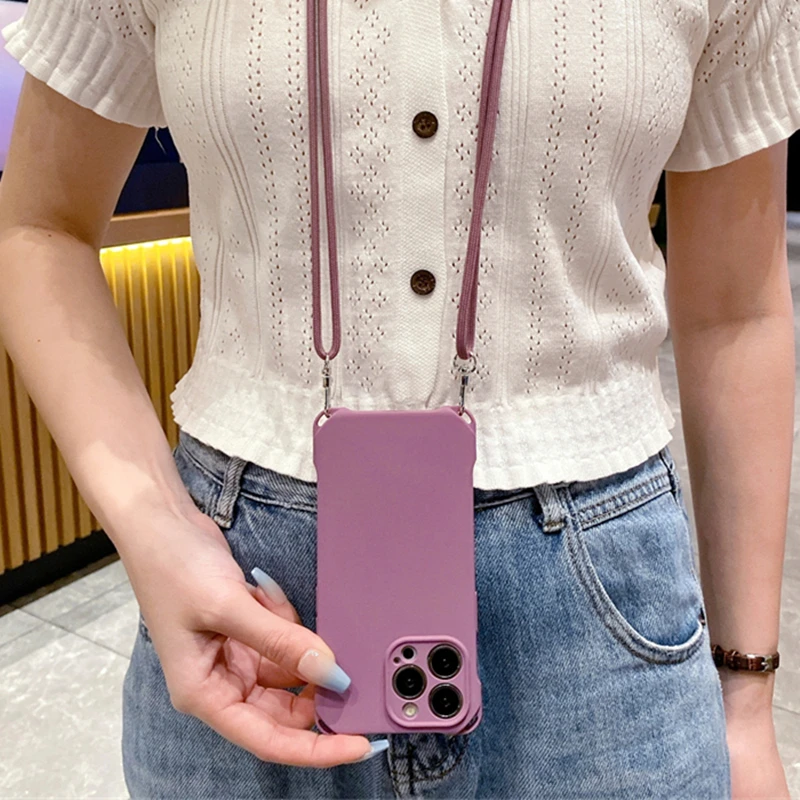 حلوى لون Crossbody قلادة الحبل الحبل لينة سيليكون قضية الهاتف آيفون 14 12 13 برو ماكس 14 زائد حزام غطاء مقاوم للصدمات