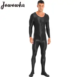 Men Glossy Bodystocking Smooth Long Sleeve Oil Shiny Full Body Bodysuit Tights Swimsuit Gym Fitness Rash Guard Swimwear Jumpsuit