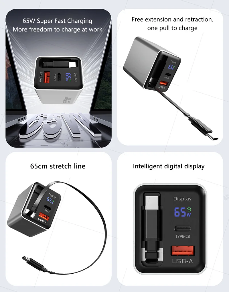 65W Digital-Display-Ladegerät, Multi-Port-Ladeadapter, US- und UK-Stecker, einziehbares Kabel, GaN-Schnellladegerät für Apple-Geräte – Detail 2