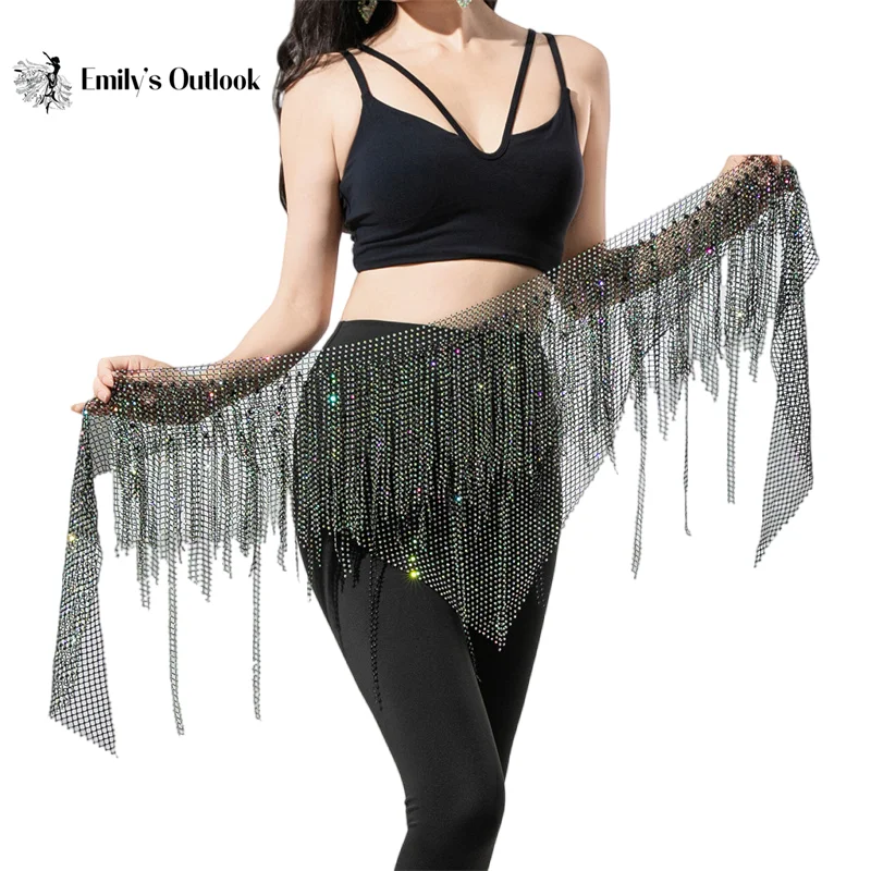 Fishnet Fringe Tassel Hip Scarf Women Sparkle Waist Chain Belt Bellydance Performance Competition Show Triangle Skirt Rhinestone