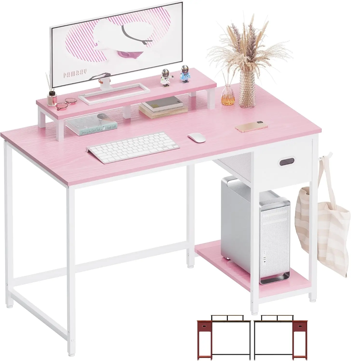39-Inch Pink Computer Desk with Monitor Stand, Storage Drawer, Adjustable Feet for Home Office Study
