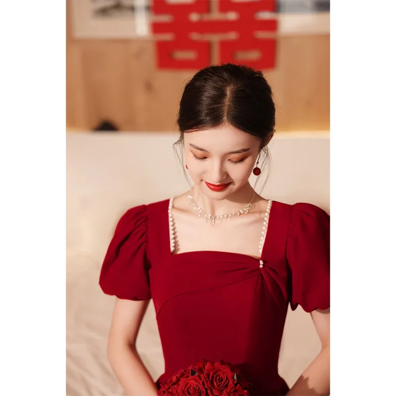 Bordeaux lange formele jurk dames elegante vintage vierkante halslijn avondjurk bubble mouw modieuze luxe feestjurken