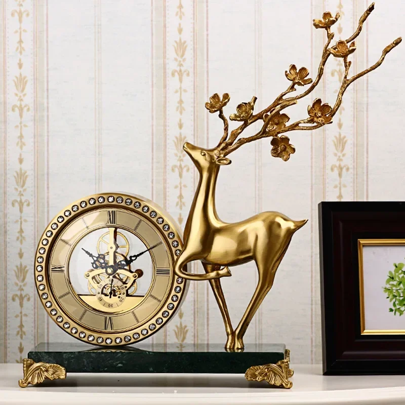 

Modern Home Decor Metal Plum Deer Statue Art Desk Table Clocks Brass 3D Desktop Deer Gold Clock