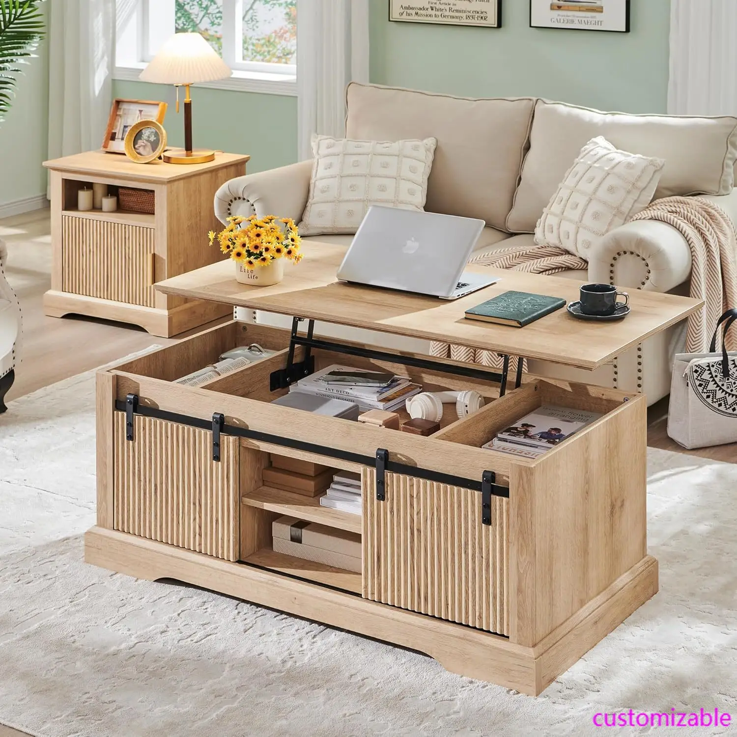 슬라이딩 문짝 있는 플루트 리프트 탑 커피 테이블, 조절식 보관 선반 및 숨겨진 칸막이, 모던 센터 테이블, 46 인치
