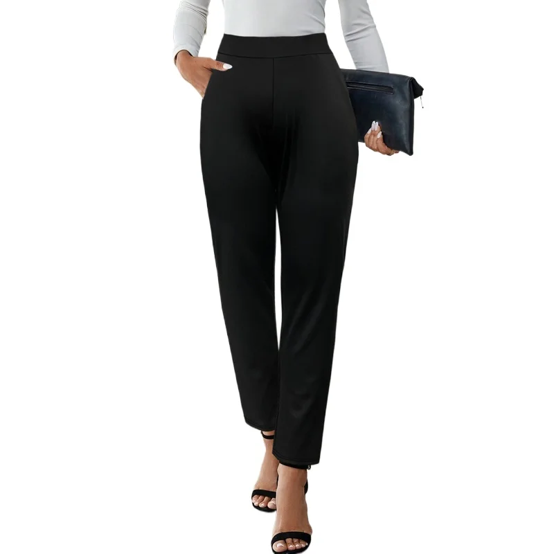 2025 Minimalist Slim Straight Trousers Women Regular Waist Breathable Slimming Solid Black Office Party 