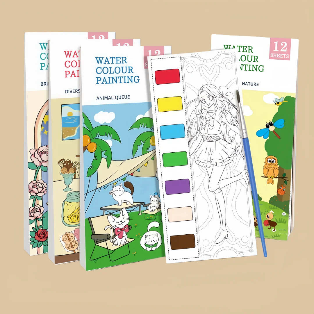 12 Sheets/Set Portable Watercolor Painting Book Coloring Book with Paint Brush Book Kids Graffiti Picture Drawing Stationery