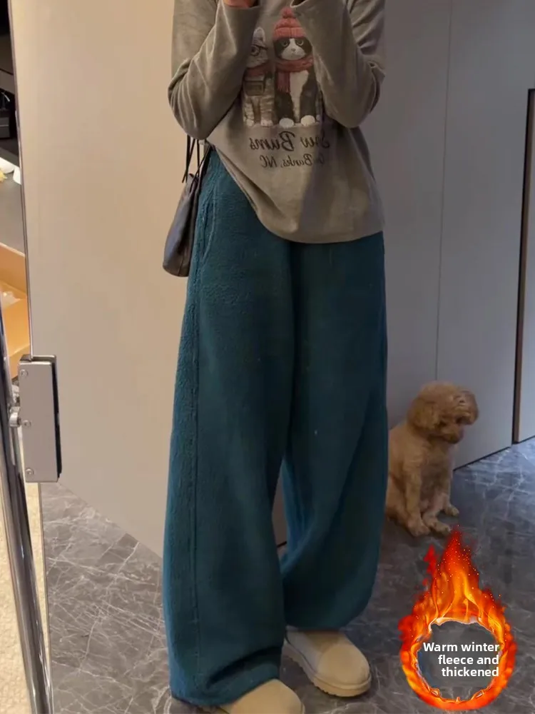 

Женские зимние повседневные брюки с высокой талией и широкими штанинами, на флисовой подкладке, стройнящие, струящиеся, комфортные, свободного кроя