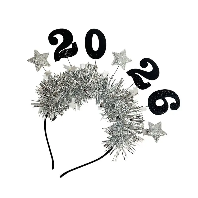 39BD 2026 Neujahr glitzert Kopfbedeckung, stilvolle Lametta-Haardekorationen, Unisex-Haarband, Stirnbänder für Partys – Detail 4