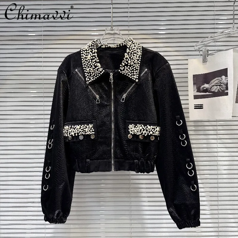 

2025 Autumn New Heavy Pearl Stud Snake Skin Texture PU Leather Jacket Fashion Long Sleeve High Street Cool Women's Short Coat