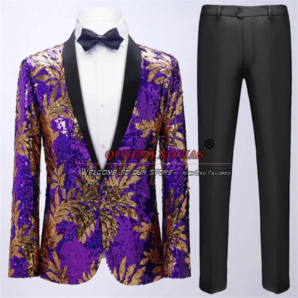 Luxury Sequins Men's Suits For Wedding Sparkly Golden Leaves Embroidery Purple Jacket With Black Pants 2 Pieces Prom Tuxedos Set