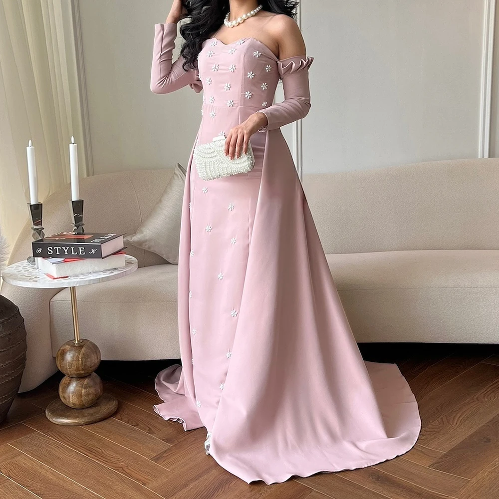 

Customized Mermaid Evening Dresses Floor-length Off The Shoulder Full Sleeve Prom Gown Fashion Beading Simple Draped Party Gown