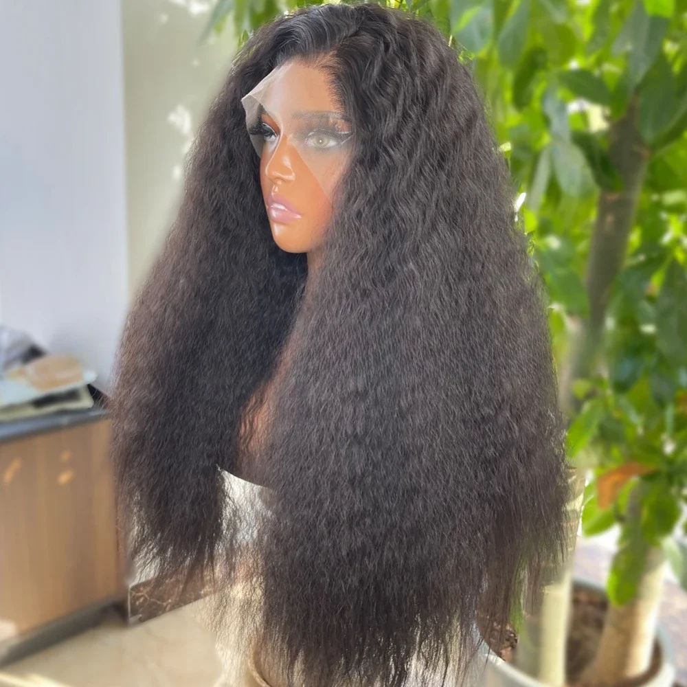 210% Gęstość Kinky Straight 13x4 Lace Front Synthetic Middle Part Long Straight Wig For Women Yaki Straight Transparent Lace Wig