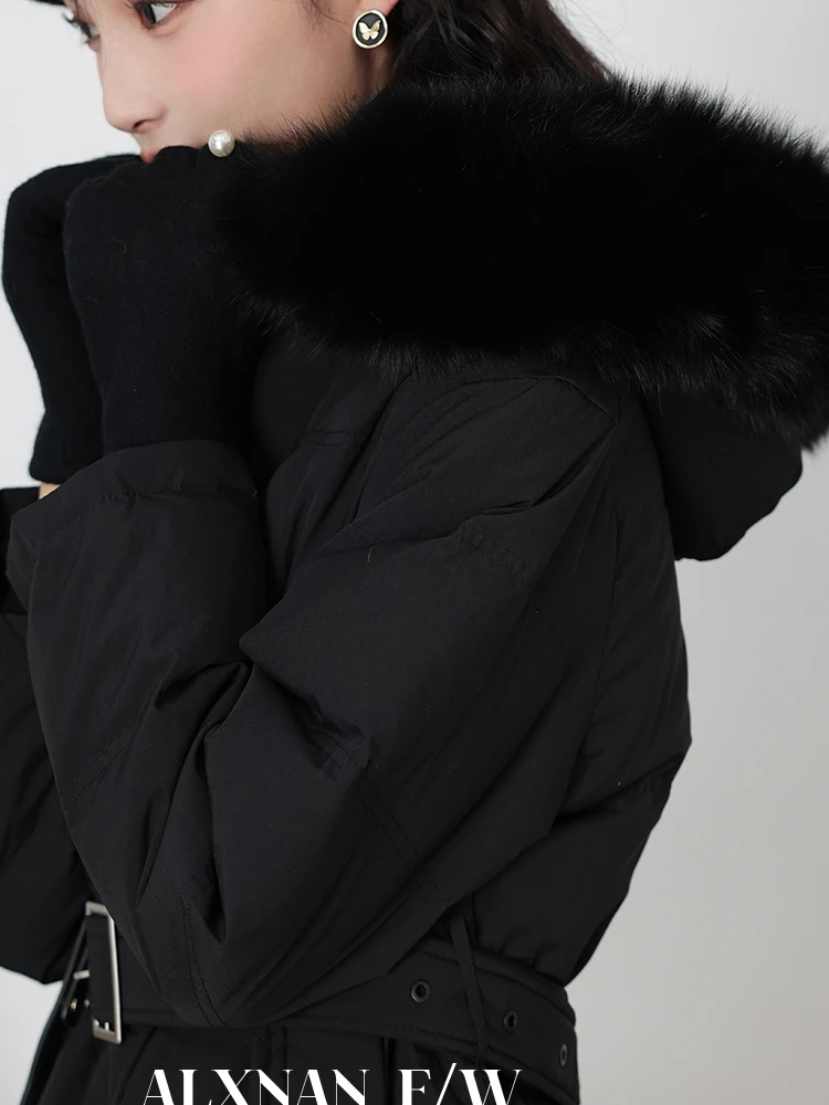 

South Deer Night Bell 90 White Du down Puffer Jaet Belted Waist Midi Length Bla Coat Real Fur Collar Commute Sle Long...
