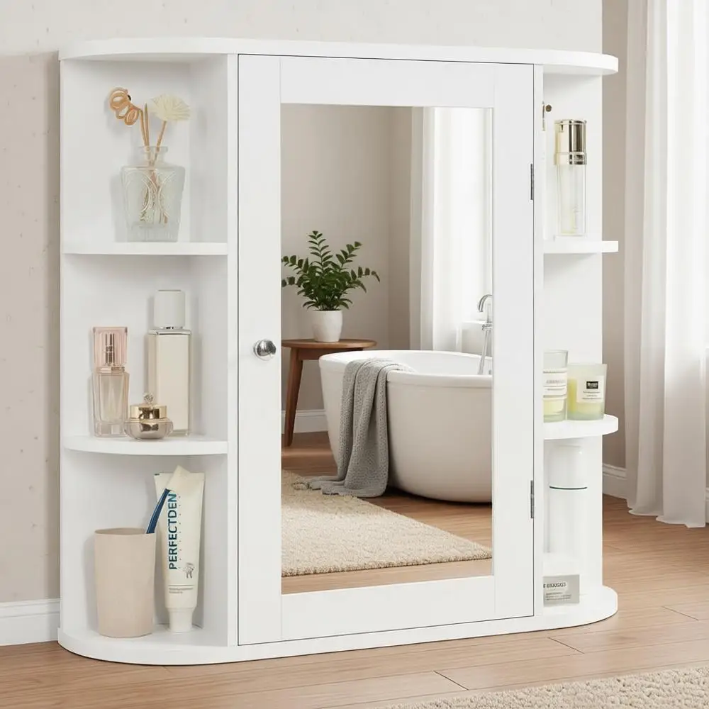 

White Bathroom Medicine Cabinet with Mirror and Adjustable Shelves